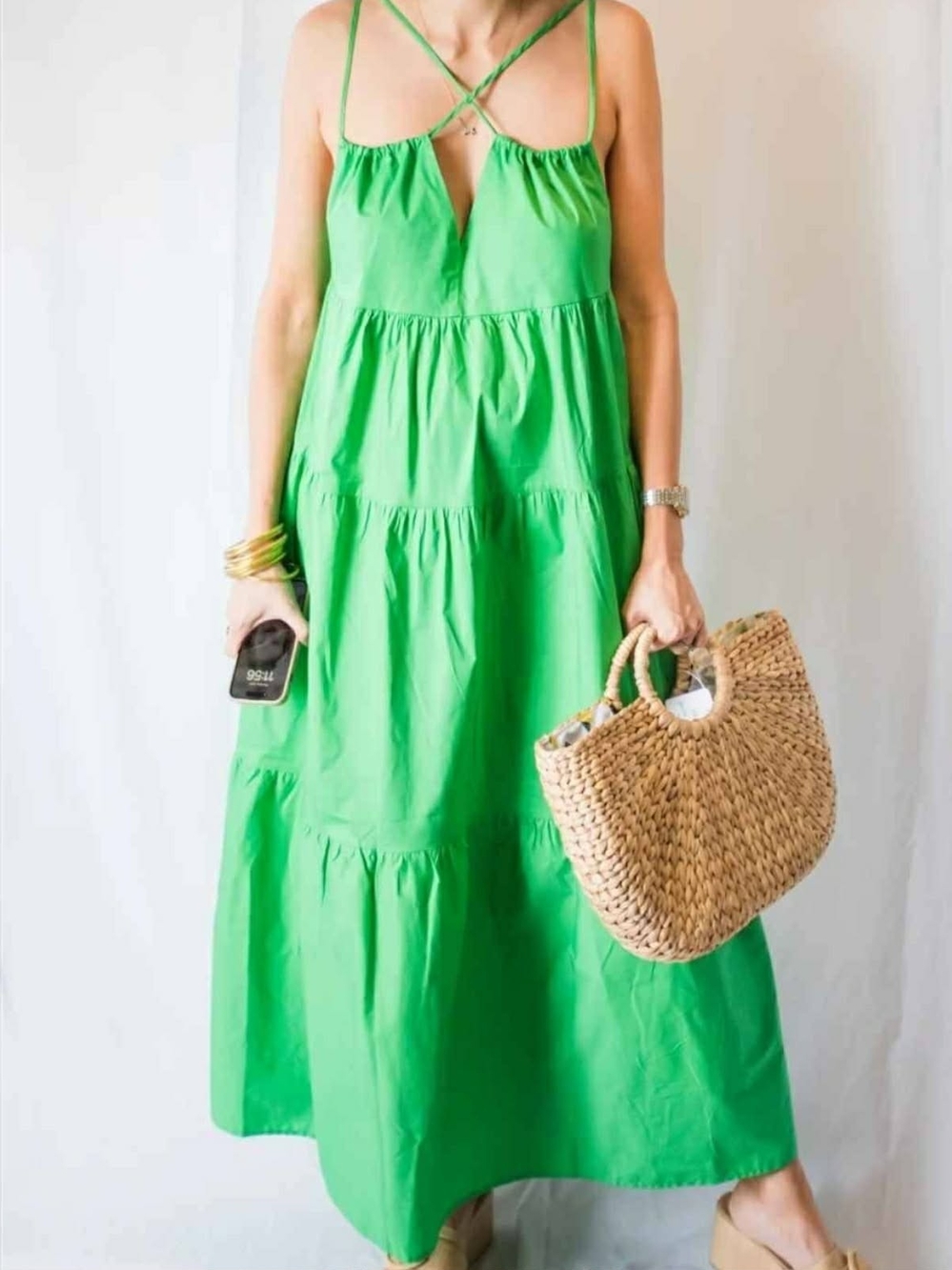 BUCKETLIST Bright Green Strappy Tiered Maxi Dress